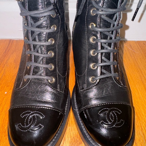CHANEL Shiny Goatskin Cap Toe Combat Boots - Picture 3 of 6